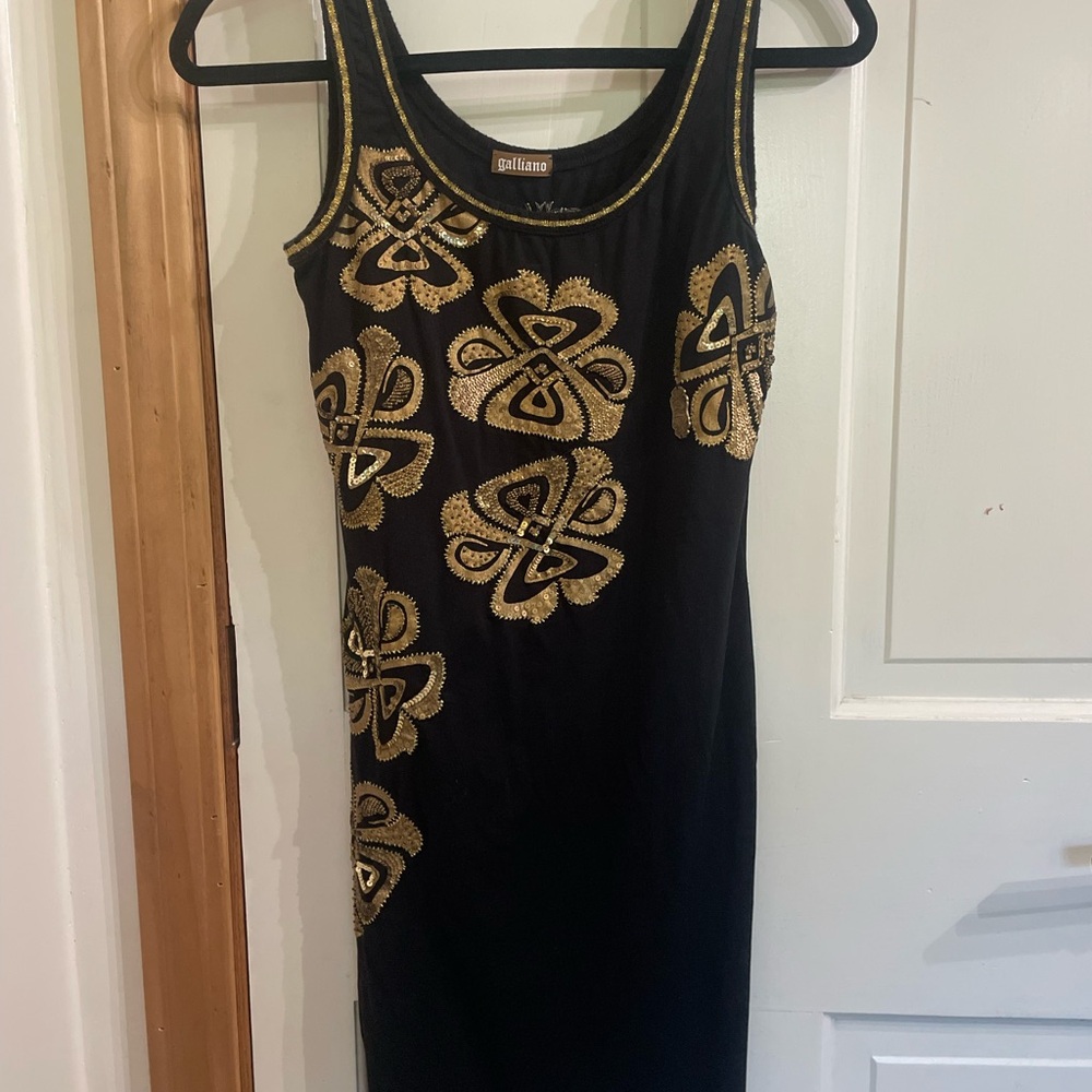 Galliano Black Mini Dress with Gold Accents